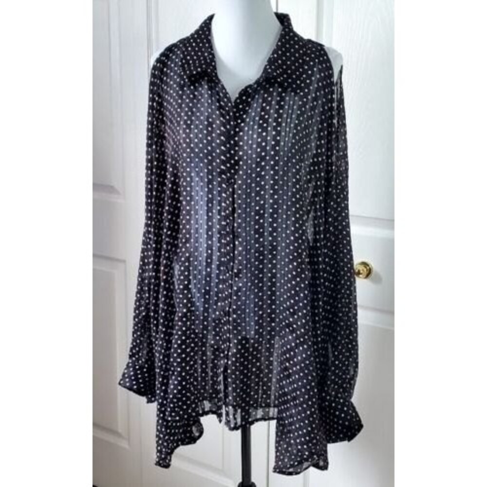Lane Bryant Sheer Blouse 26/28 Button Up Cold Shoulder Polka Dot Long Sleeve Top